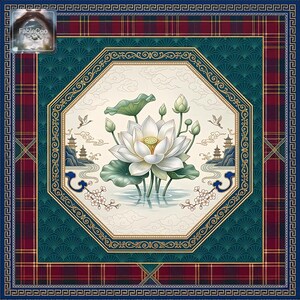 Square lotus-themed game mat featuring a central white lotus composition surrounded by lotus buds, soft clouds, distant pagoda architecture, flowing water elements, flowering branches, and ornate octagonal borders in teal green, burgundy red, gold, and ivory tones.