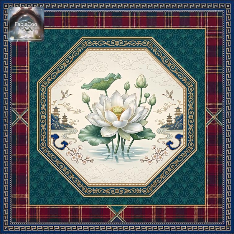 Square lotus-themed game mat featuring a central white lotus composition surrounded by lotus buds, soft clouds, distant pagoda architecture, flowing water elements, flowering branches, and ornate octagonal borders in teal green, burgundy red, gold, and ivory tones.