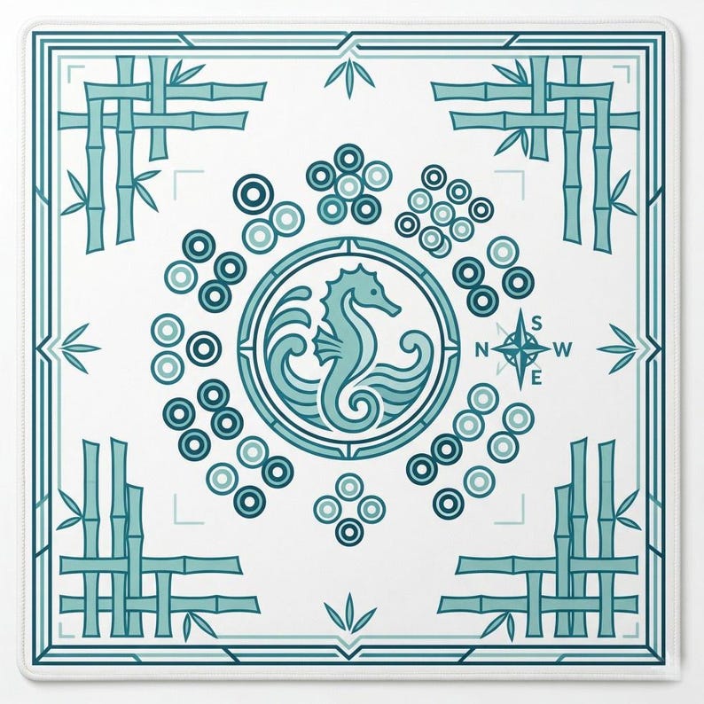 Full flat-lay product image on a clean background, clearly displaying the seahorse motif, geometric framing, ocean-inspired details, and balanced square layout.