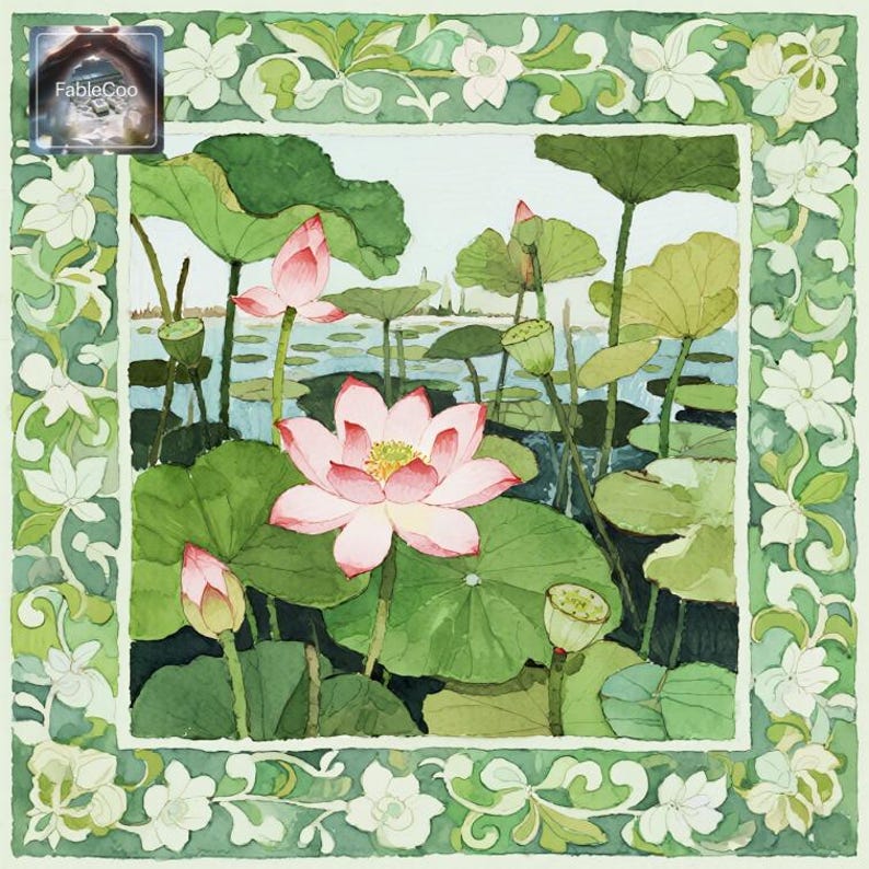 Lotus pond floral mat design with a large pink lotus bloom, unopened buds, tall stems, layered leaves, distant water view, and a decorative pale green floral frame for a graceful botanical look.