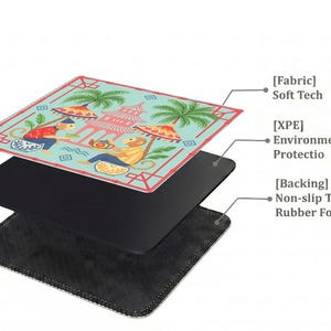 Layered construction display of the mahjong mat showing the printed fabric top, cushioned inner layer, and non-slip rubber backing.