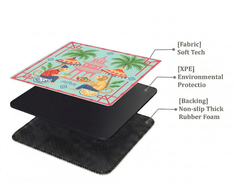 Layered construction display of the mahjong mat showing the printed fabric top, cushioned inner layer, and non-slip rubber backing.