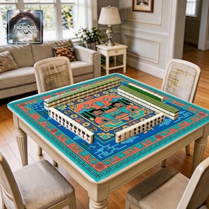 Lion guardian game mat shown in use with mahjong tiles, highlighting the spacious square playing area, smooth cushioned surface, and bold decorative artwork with twin lions, lotus flower, treasure symbols, cloud motifs, bamboo details, and an eye-catching blue-toned border design.