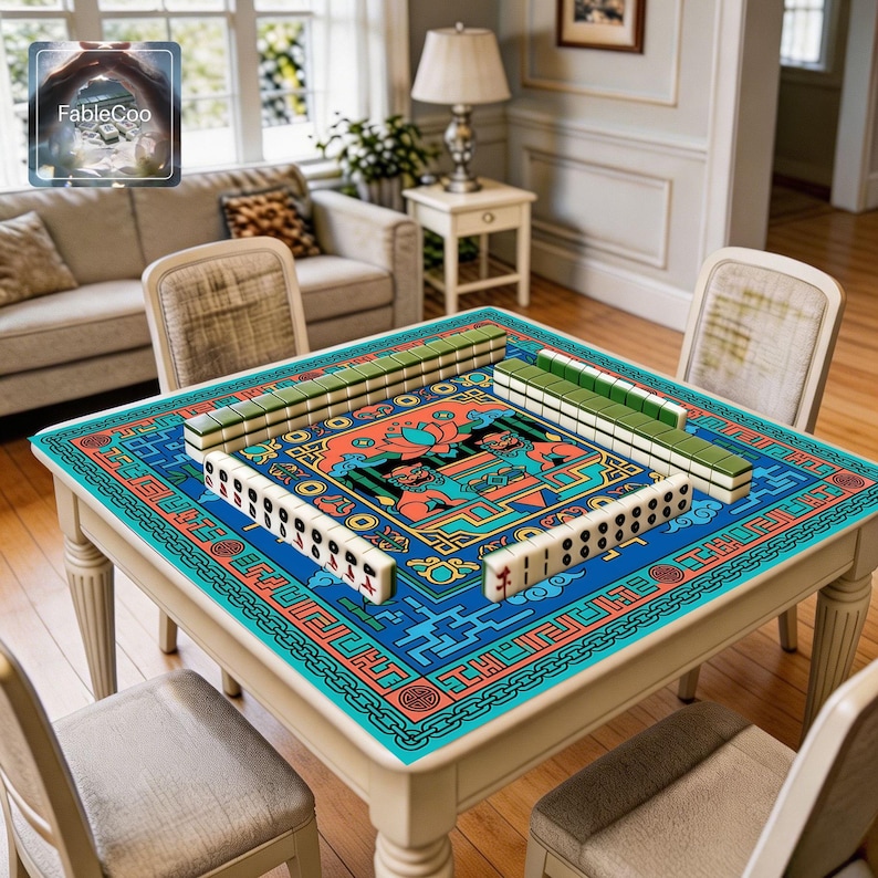 Lion guardian game mat shown in use with mahjong tiles, highlighting the spacious square playing area, smooth cushioned surface, and bold decorative artwork with twin lions, lotus flower, treasure symbols, cloud motifs, bamboo details, and an eye-catching blue-toned border design.