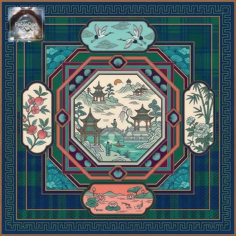 Decorative Asian landscape game mat design with teal, navy, and coral accents, featuring a serene classical garden scene, flying cranes, floral side panels, lotus pond details, and geometric linework in a balanced symmetrical layout.