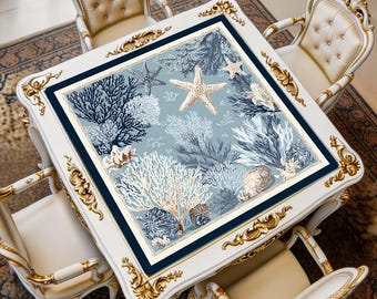 Blue Coral Mahjong Mat, Ocean Game Table Pad, Coastal Non-Slip Playmat