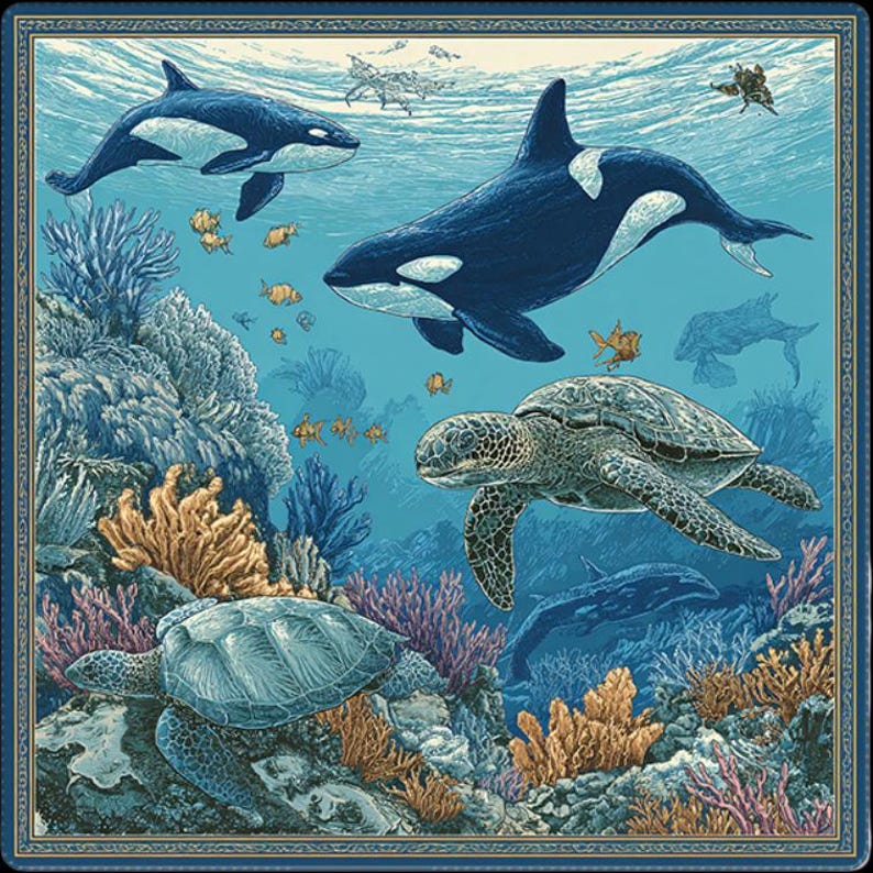Decorative ocean-themed mahjong mat featuring swimming orcas, sea turtles, reef fish, and detailed coral formations with an elegant framed border.