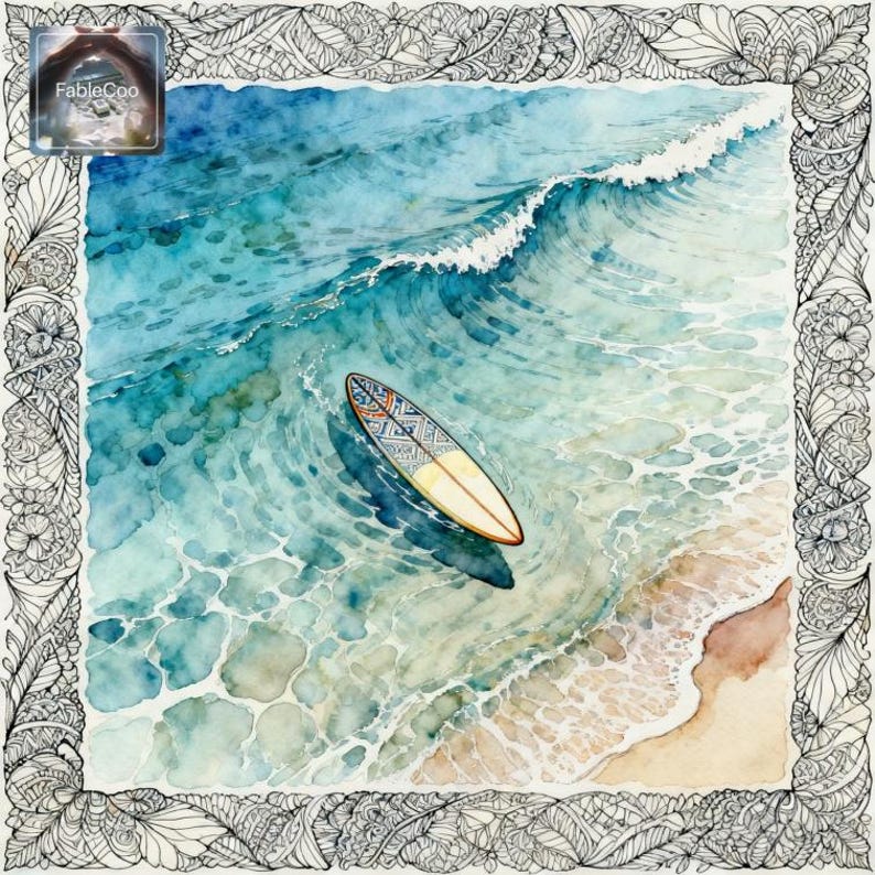 Decorative surf-inspired artwork detail with an overhead ocean wave scene and a patterned surfboard, framed by intricate shell and botanical-style line art for a refined coastal artistic feel.