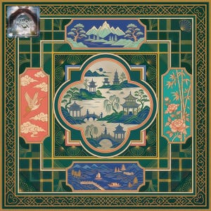 Close-up flat view of the green Asian-style mahjong mat design, showcasing the central lake garden illustration with traditional pavilions, layered landscape details, bamboo and floral side motifs, and elegant decorative framing.