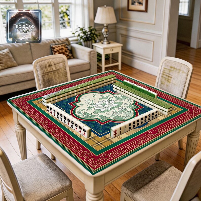 Oriental scenic game mat shown in use with mahjong tiles, highlighting the spacious square playing area, smooth cushioned surface, and elegant artwork featuring a serene lotus pond, traditional pavilion details, layered geometric framing, and richly decorative border elements for a refined tabletop presentation.