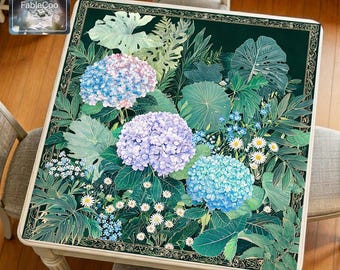 New Asian Style Forest Hydrangea Mahjong Mat, Botanical Floral Game Table Pad, Waterproof Quiet Cover, Trendy Chinese-Chic Vogue Mat