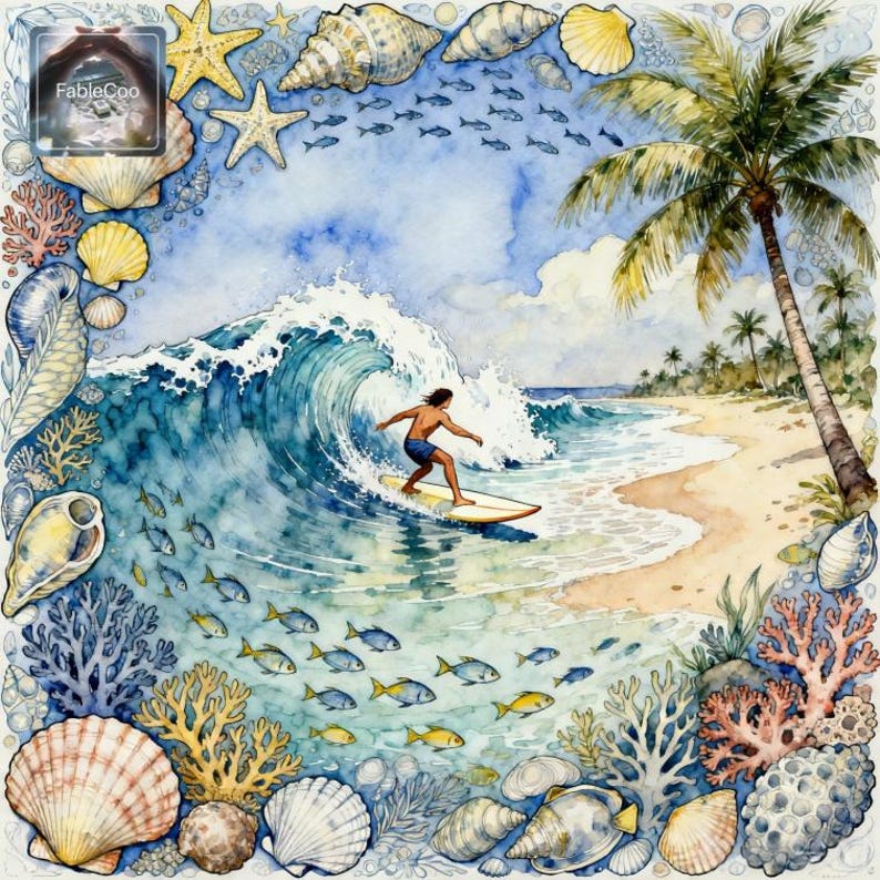 Additional beach surfing design variation featuring a surfer riding near the tropical shore, framed by coral, fish, seashells, and palm trees in layered blue and seafoam tones with a bright seaside atmosphere.