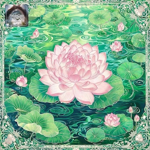Decorative lotus flower pattern with a large pink lotus blossom floating among vivid green lily pads, circular ripples, lotus buds, and flowing water textures, framed by an elegant botanical border for a graceful oriental-inspired look.