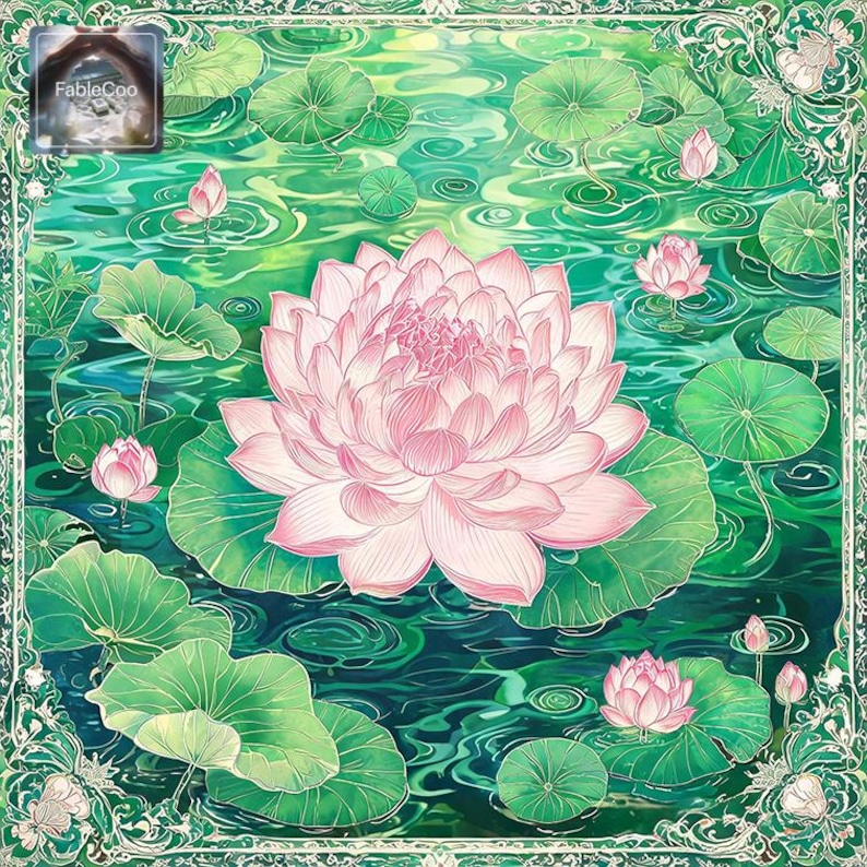 Decorative lotus flower pattern with a large pink lotus blossom floating among vivid green lily pads, circular ripples, lotus buds, and flowing water textures, framed by an elegant botanical border for a graceful oriental-inspired look.