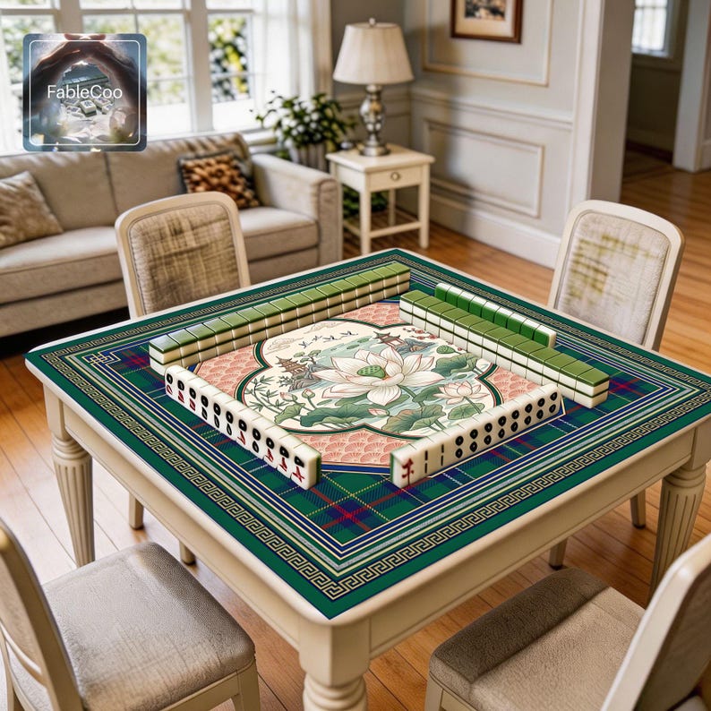 Oriental scenic game mat shown in use with mahjong tiles, highlighting the spacious square playing area, smooth cushioned surface, and elegant artwork featuring a lotus pond garden, pavilion scenery, birds in flight, soft botanical details, and rich ornamental borders in green, blue, peach pink, cream, and gold.