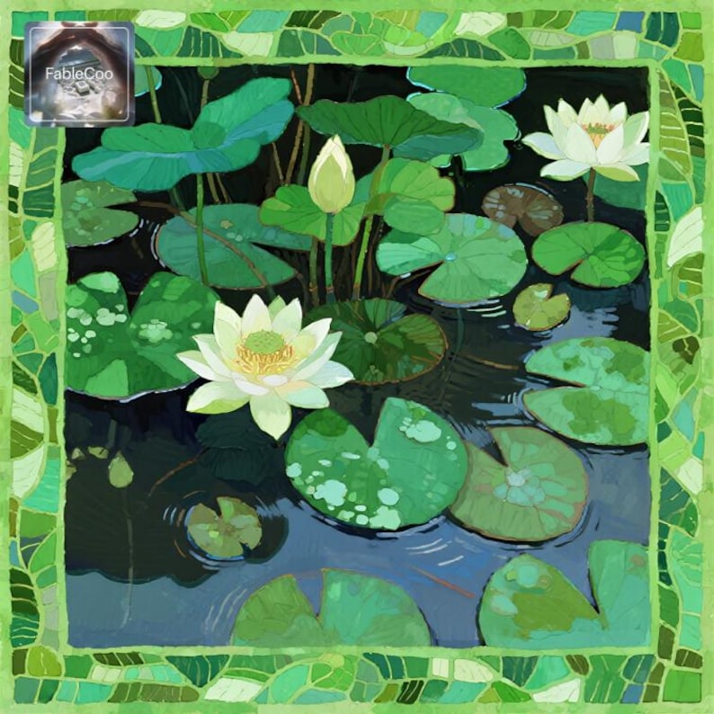 Green lotus pond mat design featuring white lotus blossoms, broad lily pads, reflective dark water, and a mosaic style green border that adds artistic depth and fresh botanical character.