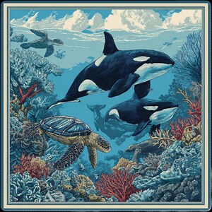 Close-up artwork view of the underwater scene with graceful orcas, sea turtles, coral reef textures, and a decorative border.