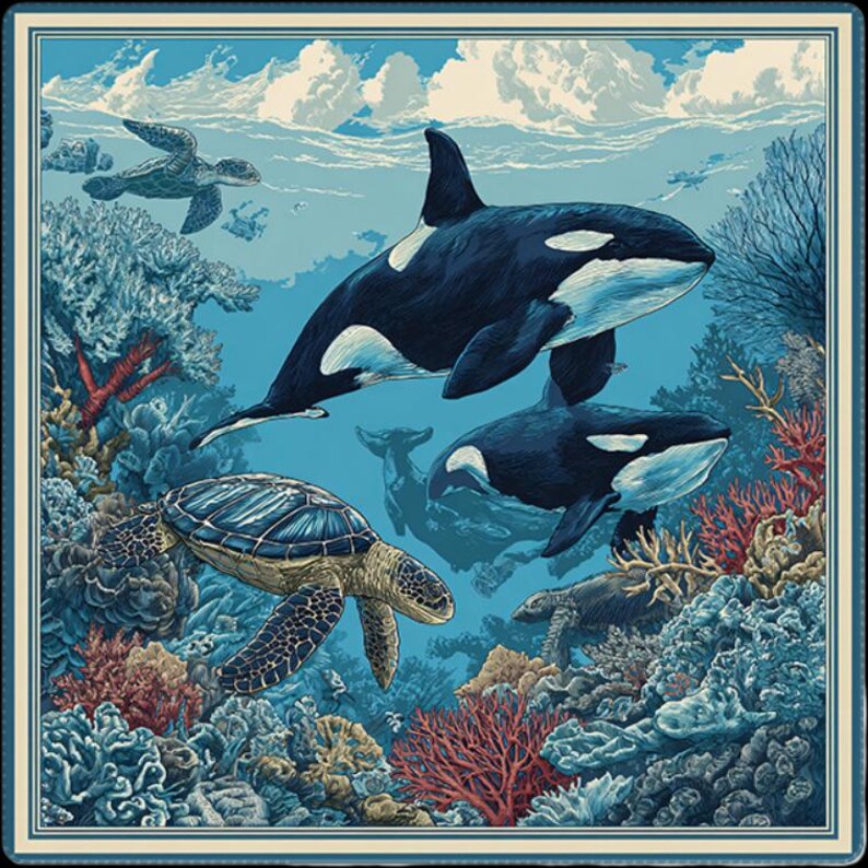Close-up artwork view of the underwater scene with graceful orcas, sea turtles, coral reef textures, and a decorative border.