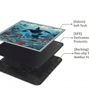 Layered construction display of the mahjong mat showing the printed fabric top, cushioned inner layer, and non-slip rubber backing.