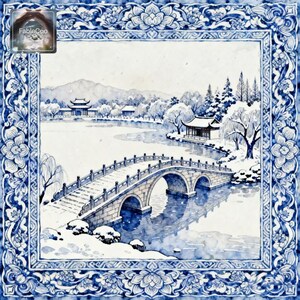 Blue and white Chinese landscape mahjong mat design featuring a snow covered garden bridge, winter pavilions, icy water, distant hills, and an intricate floral border inspired by classic porcelain aesthetics.