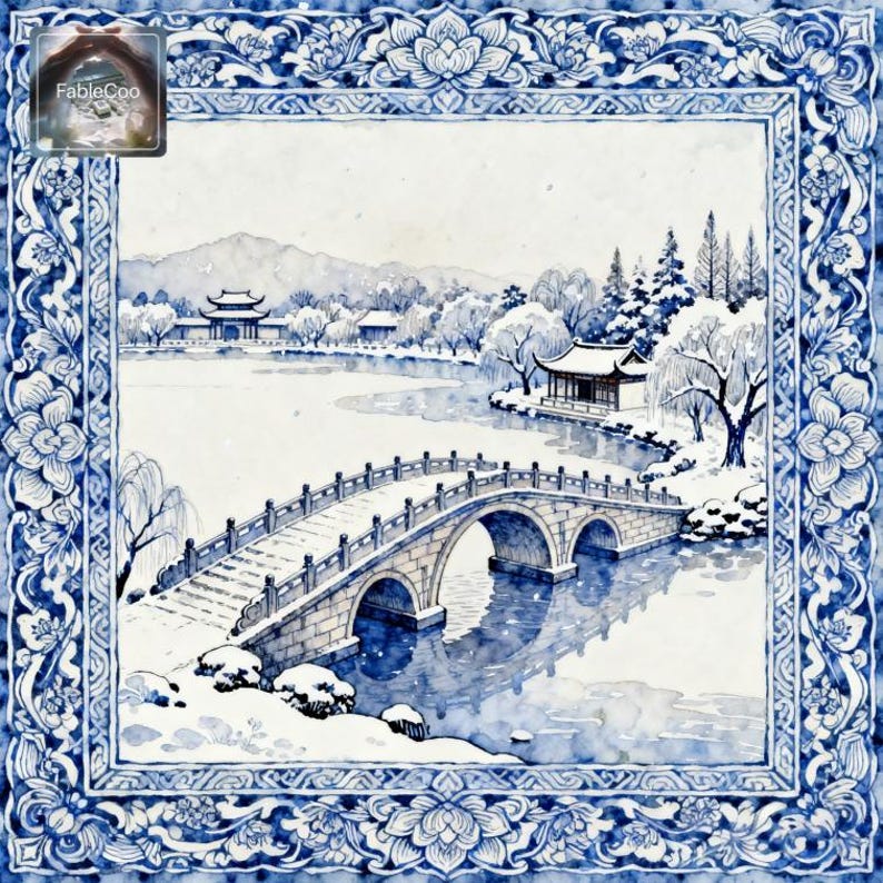 Blue and white Chinese landscape mahjong mat design featuring a snow covered garden bridge, winter pavilions, icy water, distant hills, and an intricate floral border inspired by classic porcelain aesthetics.