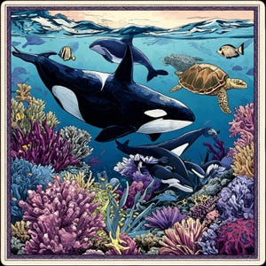 Alternate blue whale and sea life artwork option featuring orcas, tropical fish, sea turtles, and colorful coral reefs in a vibrant underwater composition.