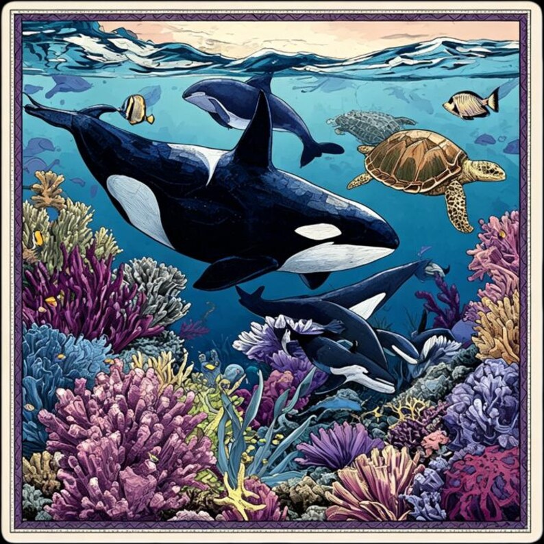 Alternate blue whale and sea life artwork option featuring orcas, tropical fish, sea turtles, and colorful coral reefs in a vibrant underwater composition.