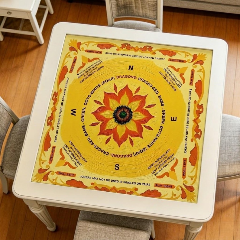 Sunflower mahjong mat displayed on a table, featuring a bright yellow background, sunflower-inspired floral center, and warm decorative border details.