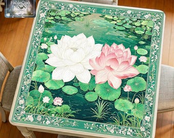 New Chinese Style Lotus Pond Mahjong Mat, Floral Oriental Game Table Pad, Waterproof Thick Quiet Cover, Trendy Chinese-Chic Vogue Mat
