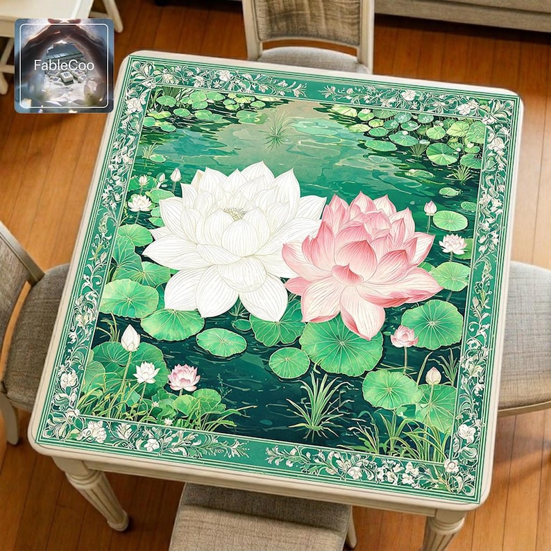 Asian-style mahjong mat displayed on a square home table, featuring an original lotus pond design with large white and pink lotus flowers, layered lotus leaves, soft water textures, lotus buds, and an elegant floral ornamental border in refreshing shades of jade green, emerald, deep teal, blush pink, and ivory.