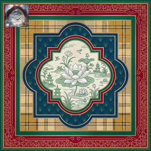 Asian-inspired lotus landscape mat featuring a white lotus bloom, lotus leaves, distant pagodas, water ripples, flying birds, and plaid plus geometric ornamental borders in deep red, forest green, beige, navy, and ivory.