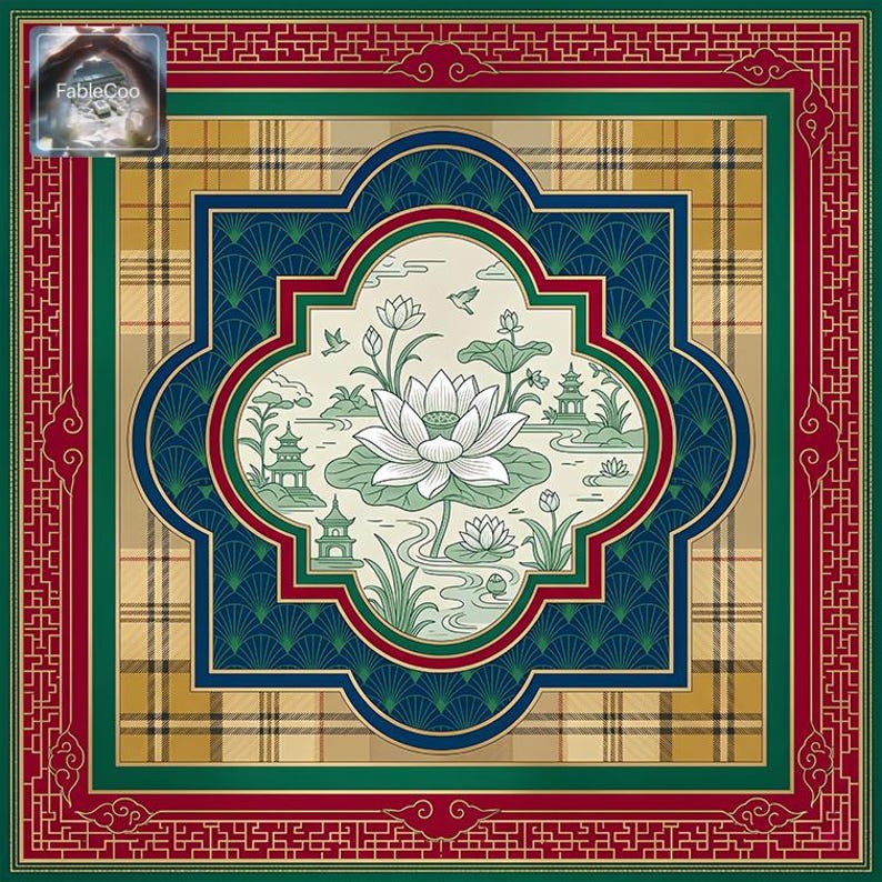 Asian-inspired lotus landscape mat featuring a white lotus bloom, lotus leaves, distant pagodas, water ripples, flying birds, and plaid plus geometric ornamental borders in deep red, forest green, beige, navy, and ivory.
