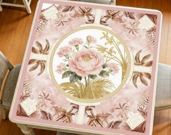 Tapis de mahjong floral pivoine rose, housse de table de jeu botanique vintage, tapis de jeu rembourré épais
