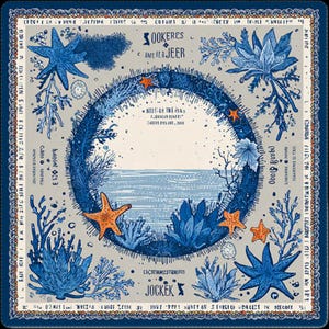 Close-up view of the blue ocean art pattern, showcasing starfish accents, sea plants, coral motifs, and the decorative framed border.