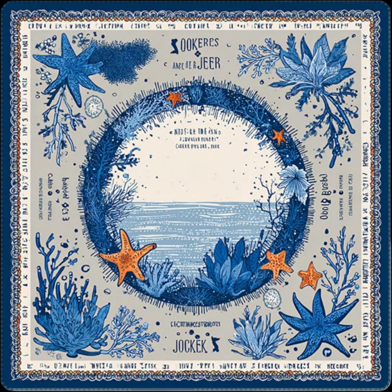 Close-up view of the blue ocean art pattern, showcasing starfish accents, sea plants, coral motifs, and the decorative framed border.