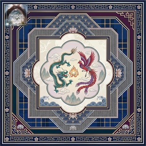 Decorative eastern-style table mat design with a dragon and phoenix composition, cloud motifs, mountain accents, layered fan-like textures, and geometric framing in navy, wine red, ivory, pale blue, and muted gold.