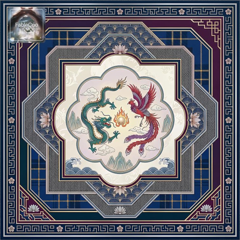 Decorative eastern-style table mat design with a dragon and phoenix composition, cloud motifs, mountain accents, layered fan-like textures, and geometric framing in navy, wine red, ivory, pale blue, and muted gold.