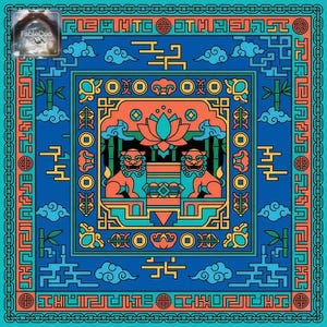 Chinese-style guardian lion game mat in bold blue and coral tones, featuring lotus symbol, stylized cloud patterns, bamboo accents, geometric motifs, and symmetrical foo dog artwork for a modern oriental look.
