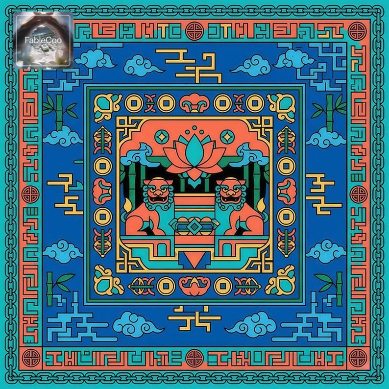 Chinese-style guardian lion game mat in bold blue and coral tones, featuring lotus symbol, stylized cloud patterns, bamboo accents, geometric motifs, and symmetrical foo dog artwork for a modern oriental look.