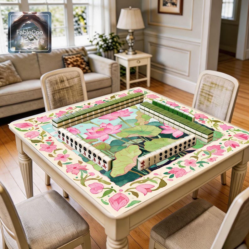 Lotus flower game mat shown in use with mahjong tiles, highlighting the spacious square playing area and the romantic botanical artwork with pink lotus blooms, layered green leaves, and an elegant floral frame.