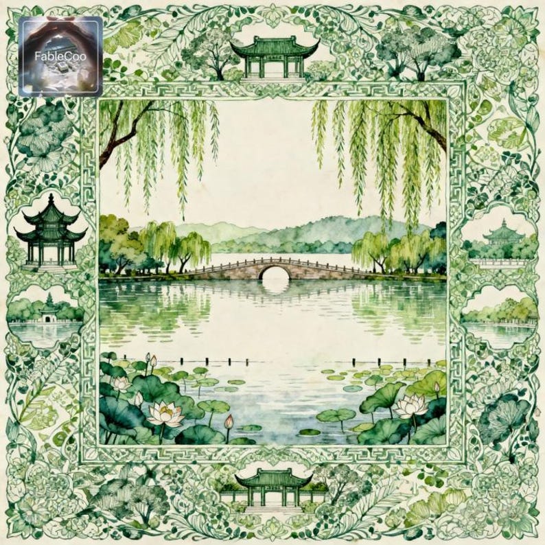 Square mahjong mat design featuring a peaceful Chinese garden lake scene with hanging willow branches, lotus flowers, a curved stone bridge, pavilion motifs, and a richly detailed botanical border in layered green watercolor tones.