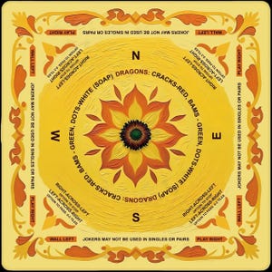 Full flat-lay product image on a clean background, clearly displaying the sunflower center motif, bright yellow field, and ornamental floral border design.