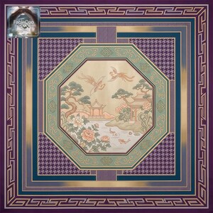 Oriental landscape-inspired design variation featuring flying birds, pavilion architecture, floral scenery, water details, and ornate framing in purple, teal, gold, blush, and ivory tones.