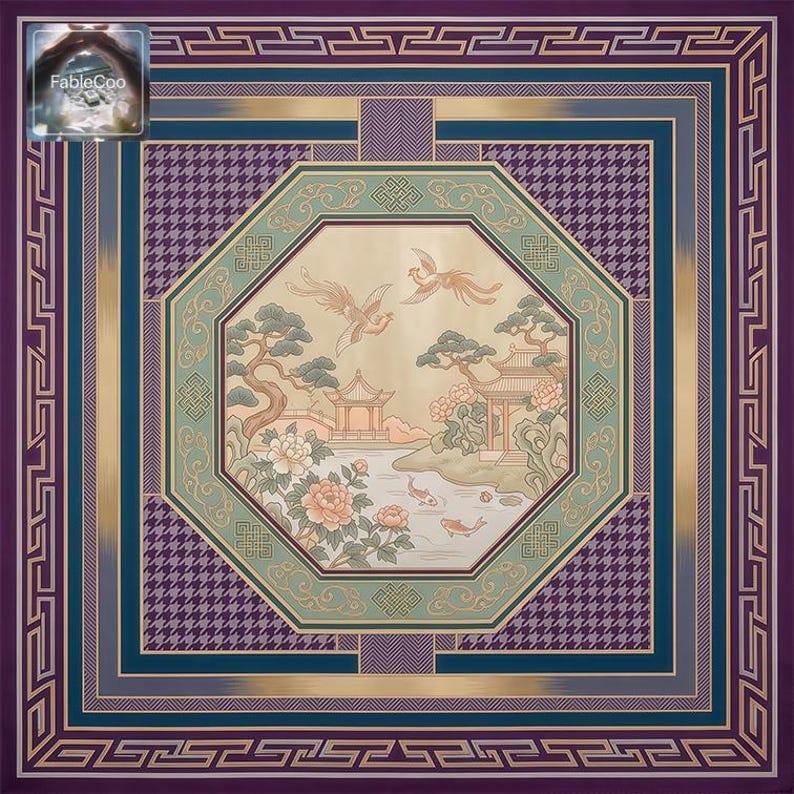 Oriental landscape-inspired design variation featuring flying birds, pavilion architecture, floral scenery, water details, and ornate framing in purple, teal, gold, blush, and ivory tones.