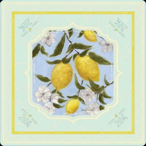 Full flat-lay image of the lemon pattern mahjong mat, clearly showing the floral citrus artwork, pastel color palette, decorative frame, and square layout.