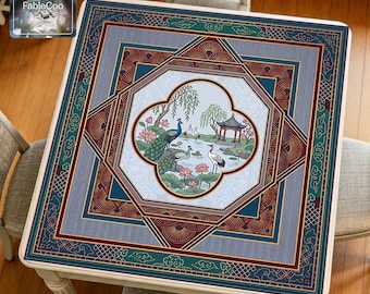 Tapis de mahjong oriental Lotus Pond, tapis de table de jeu grue paon, housse silencieuse imperméable
