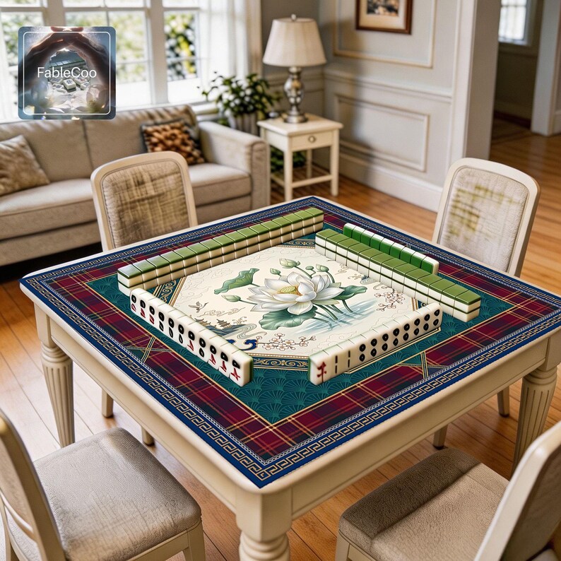 Oriental scenic game mat shown in use with mahjong tiles, highlighting the spacious square playing area, smooth cushioned surface, and refined artwork featuring lotus blossoms, layered leaves, traditional pavilion scenery, cloud details, and decorative framing in a rich navy, emerald green, wine red, gold, and cream palette.