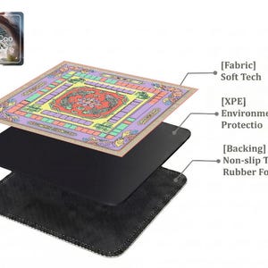 Layered construction display of the mahjong mat showing the printed fabric top layer, cushioned inner core, and non-slip rubber foam backing.
