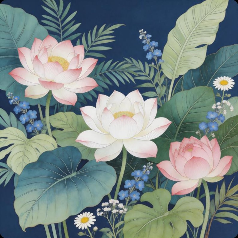 Close-up artwork view of lotus blossoms, lush leaves, and delicate floral details set against a rich navy blue background.