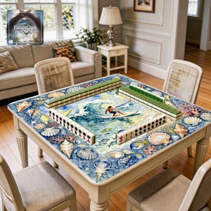 Summer beach surfing mahjong mat shown in use with mahjong tiles, highlighting the spacious square playing area, smooth cushioned surface, and vibrant seaside artwork with ocean waves, shells, coral, and tropical beach scenery.